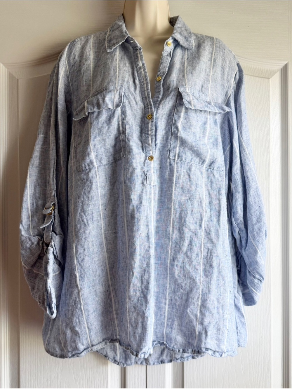Ellen Tracy Linen Striped Button Up Roll Tab Sleeve Tunic Shirt